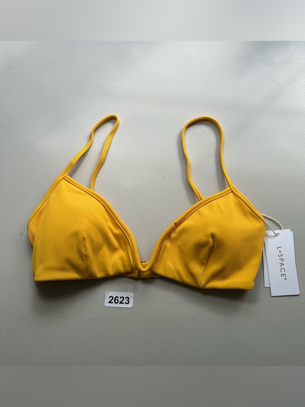 L*SPACE Helena Bikini Top Medium Ribbed V-Wire Swimwear Bachelorette Yellow New